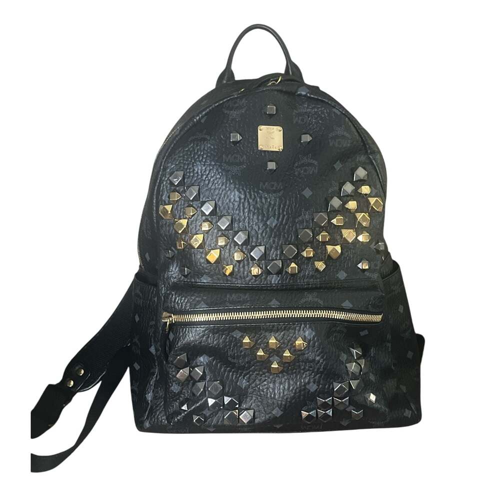 MCM Stark Visetos Studded Backpack in Black with Gold and Silver Tone Hardware